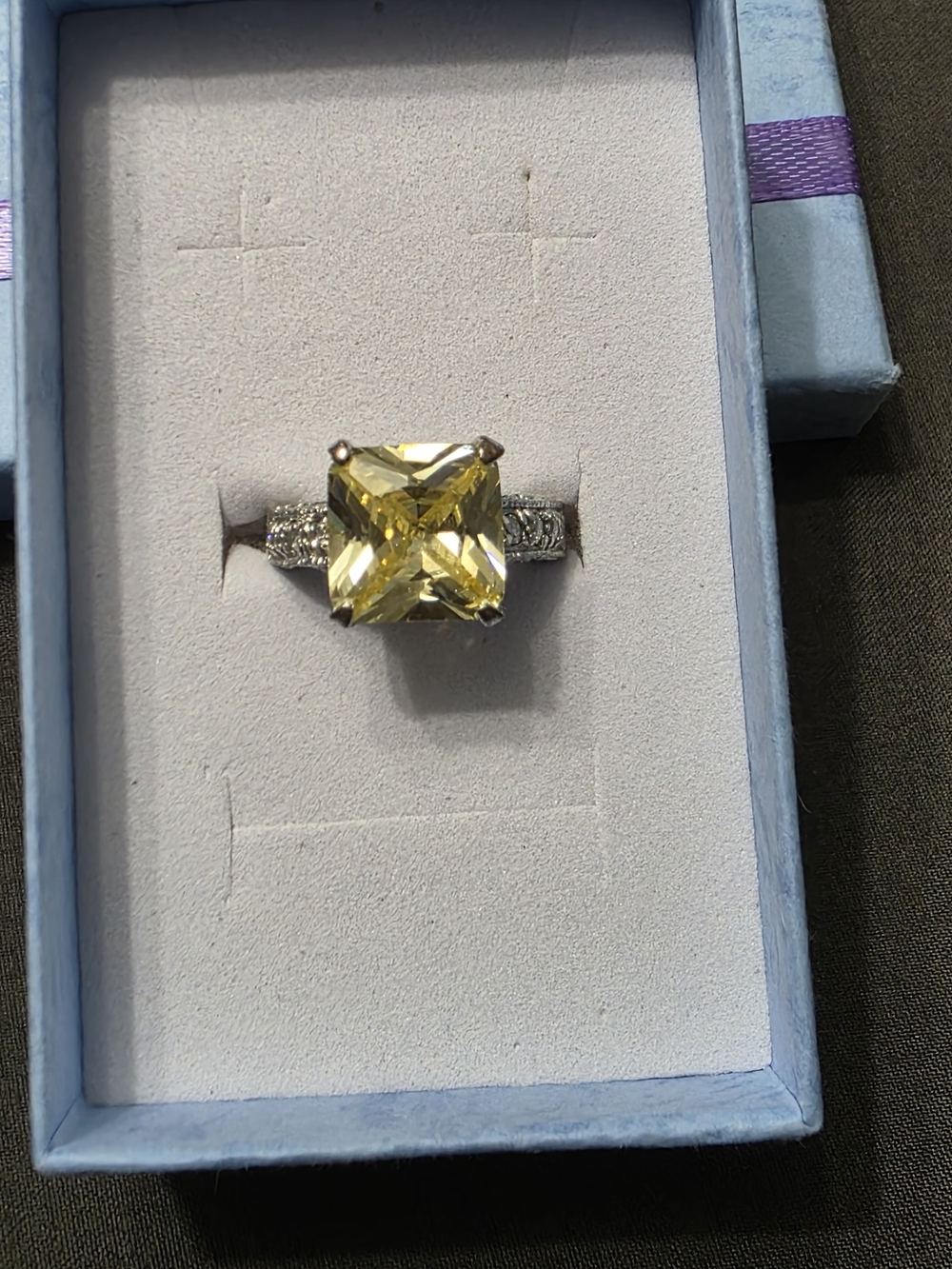 Estate Silver Tone - Fashion - Princess Cut Yellow Stone Ring - 276